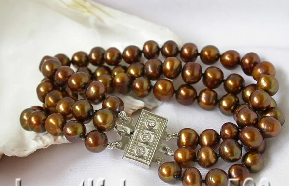 

Fast shippingN1483 REAL 3strands 9mm coffee pearls bracelet bangle (A0502)