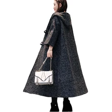 Корейское новое осенне-зимнее шерстяное пальто с рукавом летучая мышь, большой размер, Длинный свободный кардиган с капюшоном, шерстяная Женская куртка WYT678