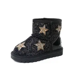 Зимние сапоги для маленьких девочек со звездами, детские ботинки с блестками, брендовые модные черные сапоги для маленьких мальчиков