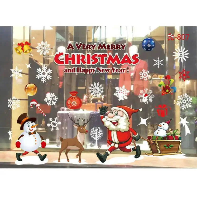 

KAKUDER Christmas happy Wall Stickers Living Room cute Santa Claus Snowman Elk Wall Stickers Window Decor drop shipping Q10