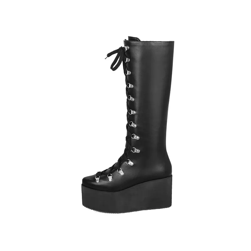 Stiefel Militär Kampf Keile Hohe Up Ymechic Frauen Schuhe Gothic 2018 Lange Punk Fashion Plus Schwarzes Größe Lace Damen Knie Plattform wAAX0aT