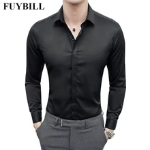 FuyBill Новая модная мужская Однотонная рубашка для мужчин однотонные однобортные деловые повседневные рубашки тонкий стрейч с длинным рукавом