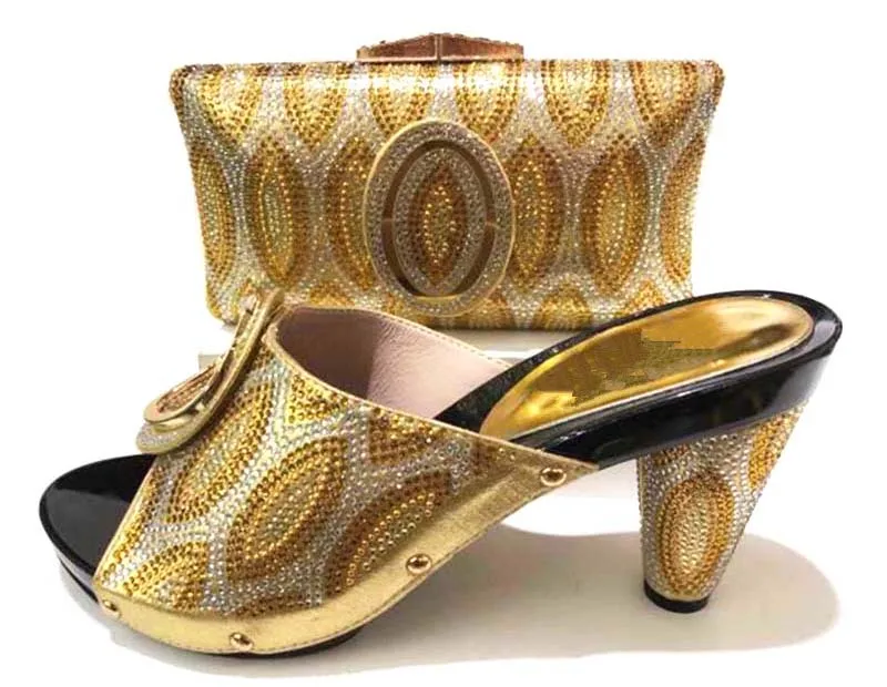 

SB8172-6 gold full stones slippers shoes and clutches bag for african lady in aso ebi wedding party shoes and bag in gold