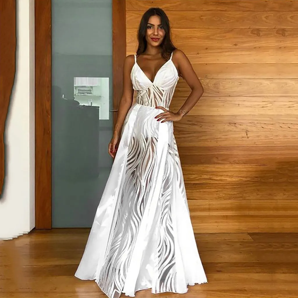 Beach Dress Women Summer Spaghetti Straps V-Neck Wedding Bridal Dresses Striped Perspective White Maxi Dress Robe Femme