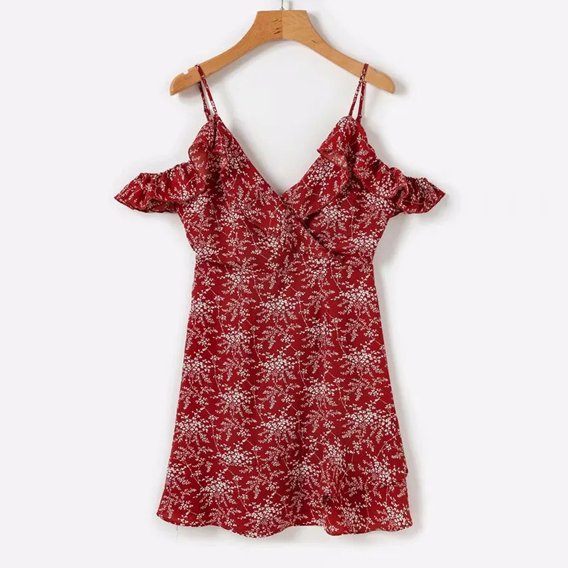 yinlinhe Red Floral Summer Dress Short Sleeve 2018 V neck Strap Women Dress Backless Slim Elegant Ruffles Vestidos  6