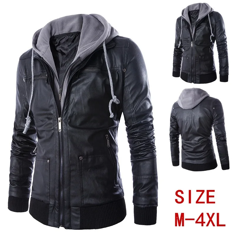 Men's Hooded Detachable Fake Two Men's Motorcycle Leather Jacket Mens Clothing Streetwear Men Jackets Bomber Jacket Clothes 2018