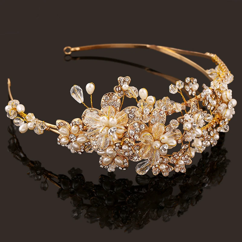 

Wedding Hair Accessories Jewelry Handmade Gold Color Crown And Tiara Crystal Pearl Vine Flower Baroque Bride Bridal Headband