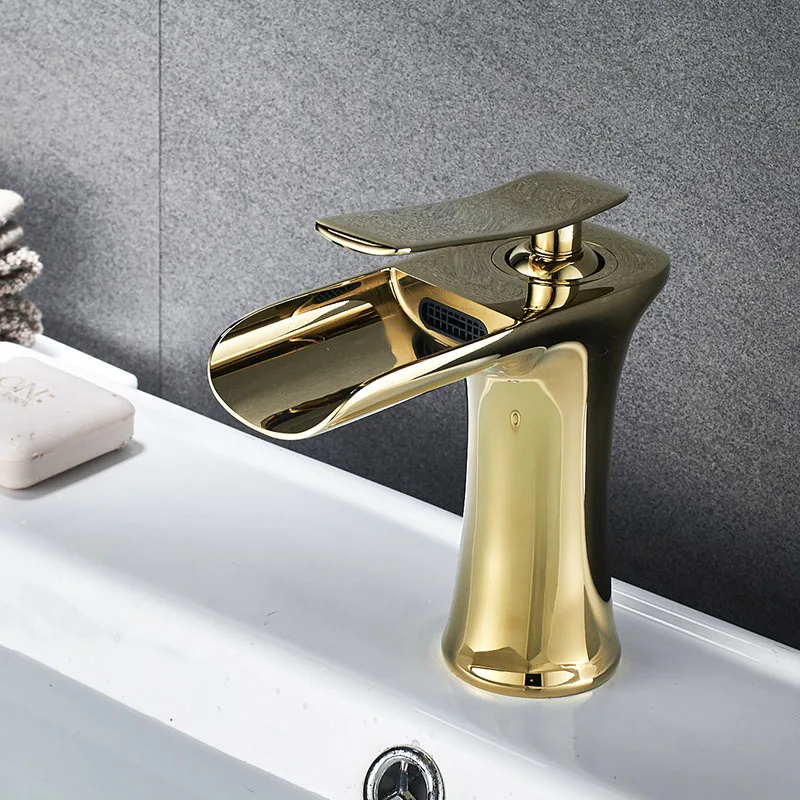 Кран для раковины, золотой, белый, хромированный, с одной ручкой, водопад, смеситель для ванной комнаты, на бортике, краны