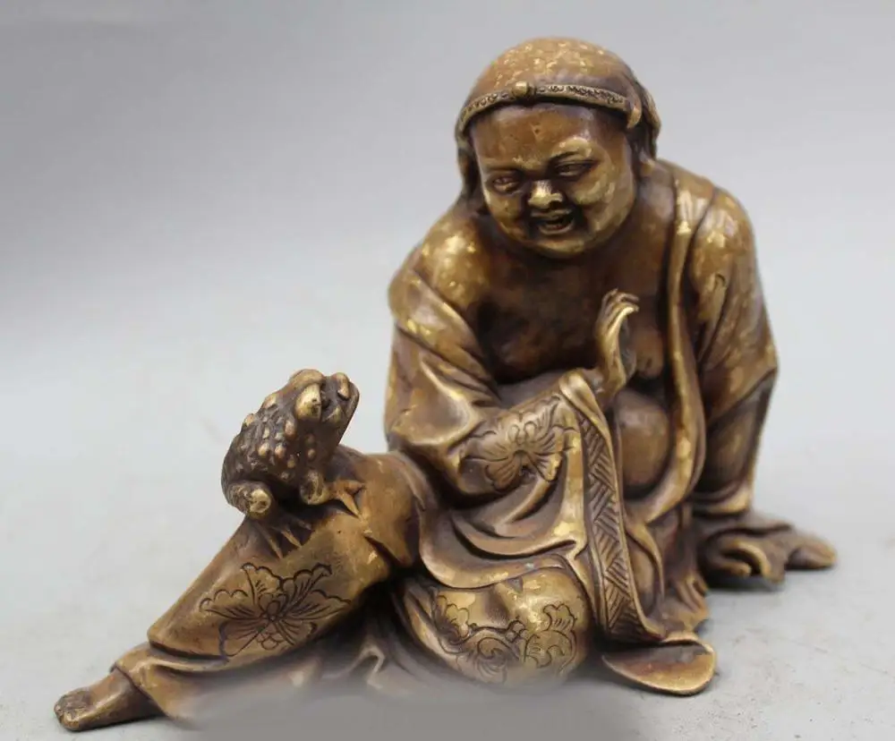 

9" Chinese Copper Liu Hai God Play Golden Toad Spittor Wealth Statue Sculpture