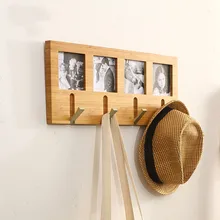 Bamboo Clothes Hanger with 5 Stainless Steel Hooks Coat Towel Scarf Wall Mounted Storage Rack Bedroom Bathroom Kitchen Use