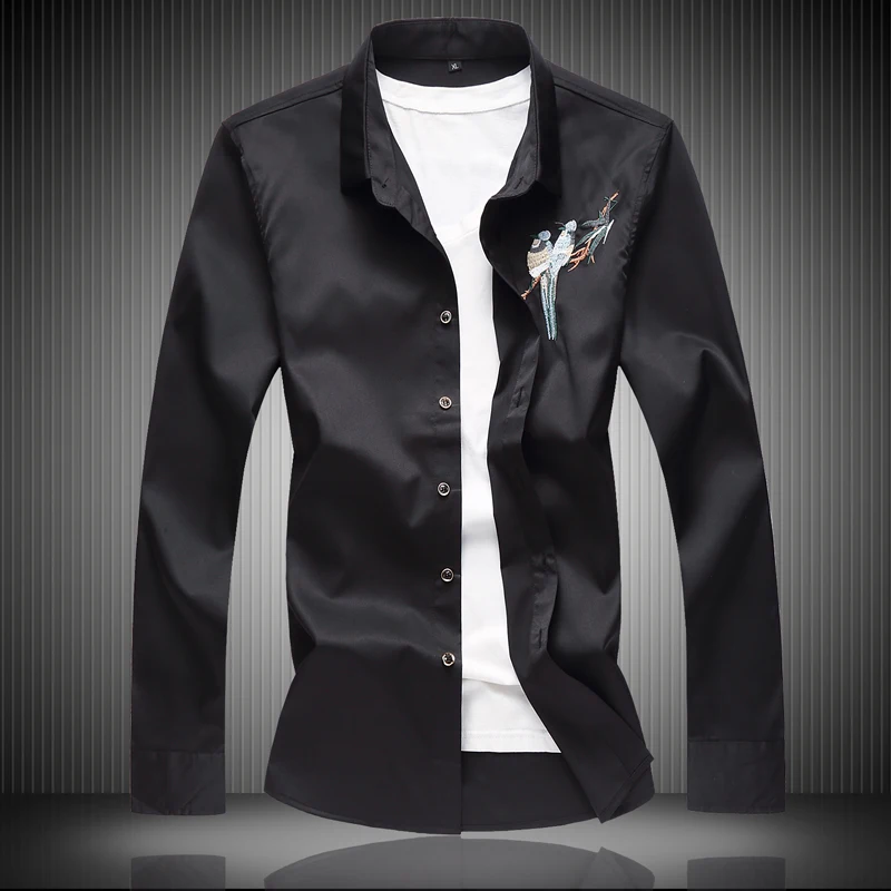 Spring Autumn Male Embroidery Shirt Floral Animal Long Sleeve Casual Tops