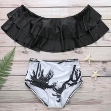 Высокая талия бикини лист Печатный купальник женский с shouder Купальники комплект бикини с оборками S-XXL плюс размер купальный костюм бандо
