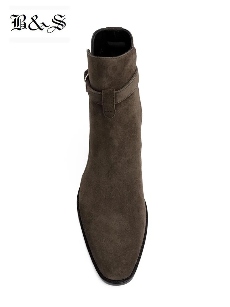 Черные и уличные мужские замшевые ботинки «Челси» с острым носком и пряжкой на ремешке; изысканные ботинки на танкетке из натуральной кожи