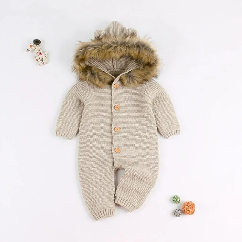 Вязаная одежда для малышей; осенне-зимний комбинезон для новорожденных; комбинезон с капюшоном из искусственного меха для маленьких мальчиков и девочек; Верхняя одежда; Детский комбинезон для малышей