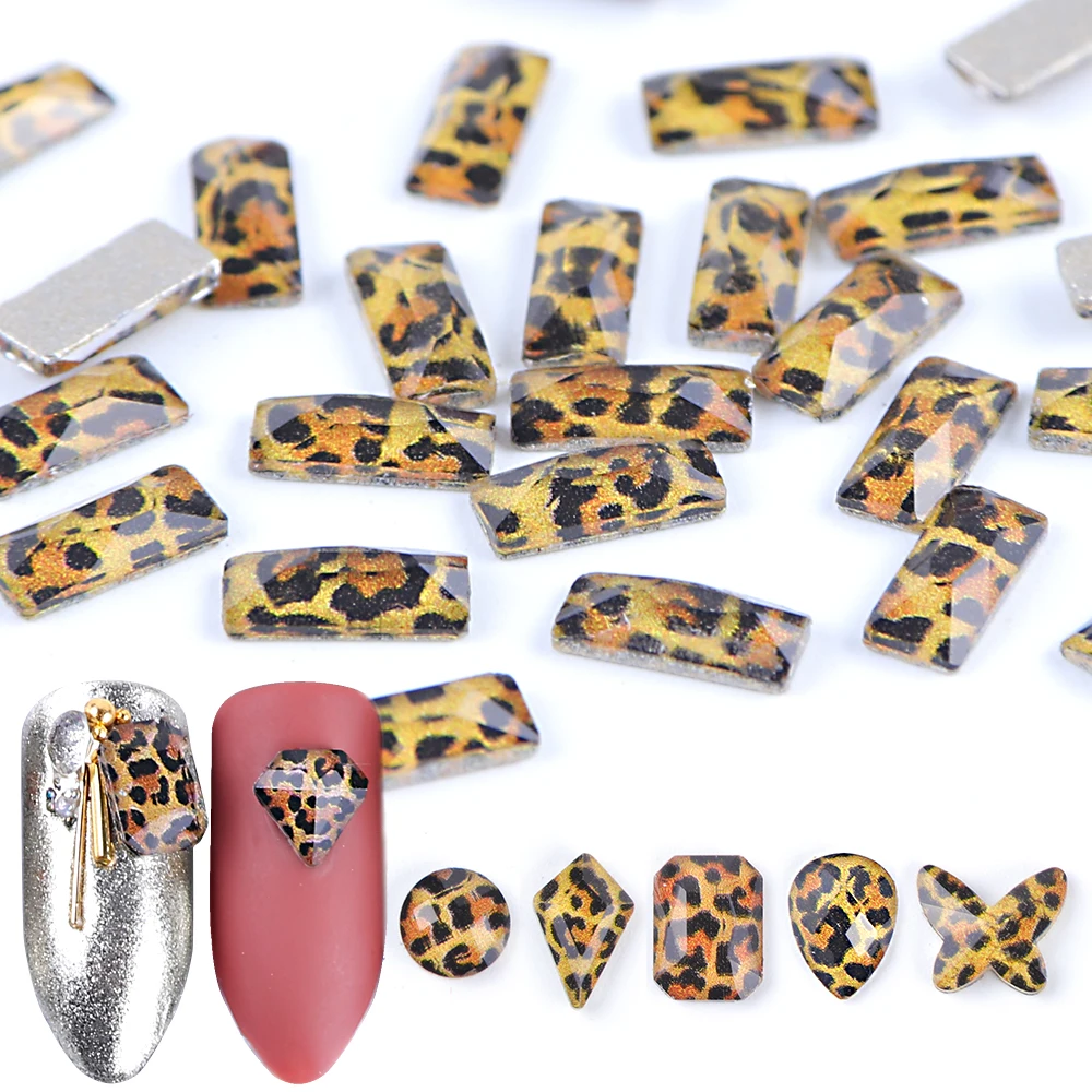 

10pcs Glass Nail Rhinestones Leopard Butterfly Geometry Heart Crystal Flat Back Nail Art Strass Non Hot-fix Decorations BE742