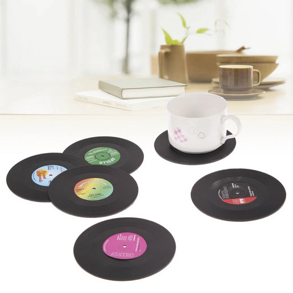 6x Round Vintage CD Vinyl Coasters Record Cup Drink Holder Bottle Mat Table Placemat Tableware Placemat Kitchen Accessories