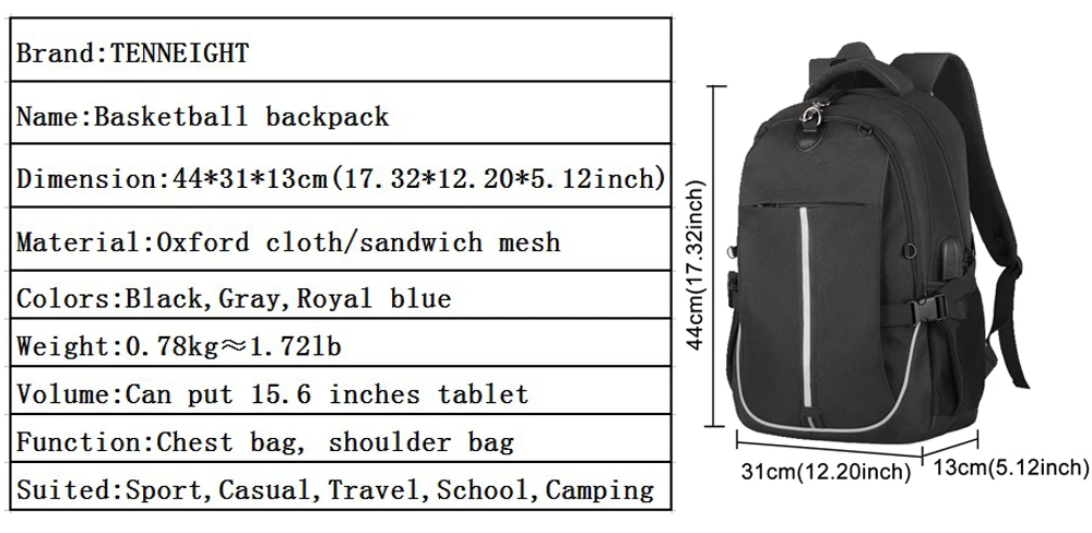 TENNEIGHT Мужская баскетбольная сумка Спортивная школьная сумка для футбольного мяча подростка футбольная сетка USB зарядные Рюкзаки Сумка для ноутбука