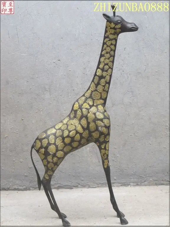 

24 "ART Bronze Carved golden yellow giraffe with big lips Sculpture deer
