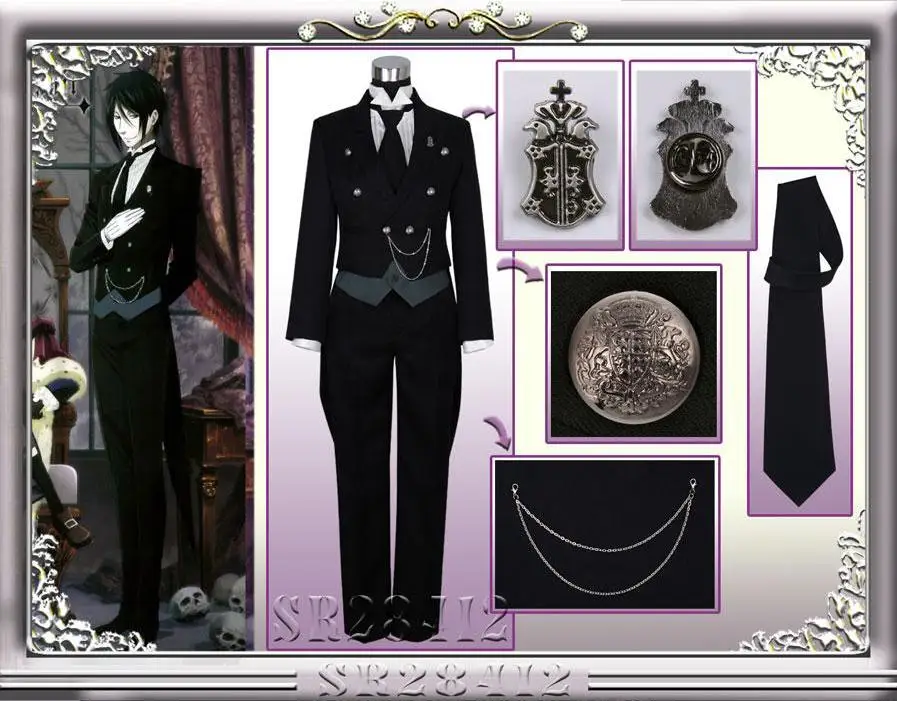

Black Butler Cosplay Japanese Anime Kuroshitsuji Sebastian Michaelis Cosplay Costume Unisex Uniforms 8 piece with Tattoo Sticker