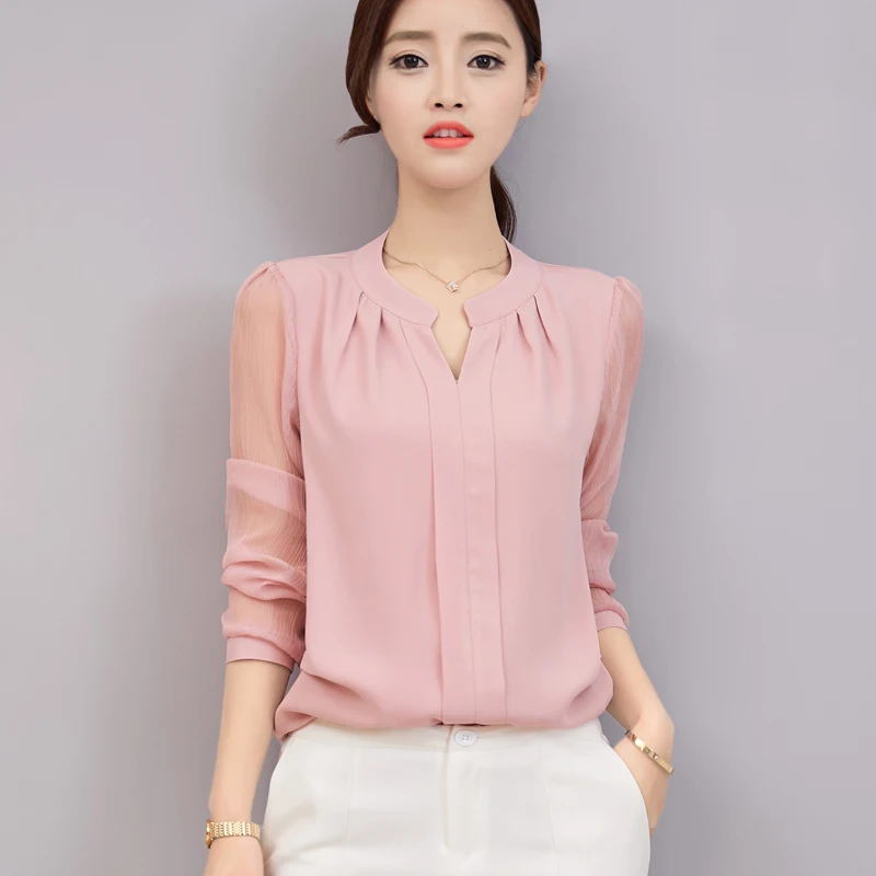 Летние блузки размера плюс для офиса, тонкая шифоновая рубашка с v-образным вырезом, женские белые рубашки с длинным рукавом, повседневные топы S-3XL - Цвет: Розовый