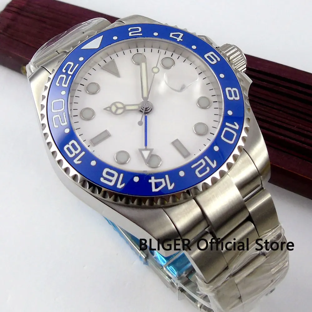 Klassische BLIGER 43 MM Weiß Sterile Zifferblatt Blau Keramik Lünette GMT Funktion Sapphire Kristall Automatische Bewegung herren Uhr B315