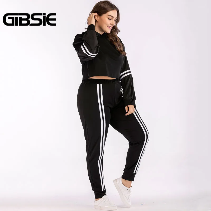 GIBSIE размера плюс женская одежда 4XL XXXL осенний комплект из двух предметов Топ и штаны полосатый спортивный костюм женский укороченный топ 2 предмета