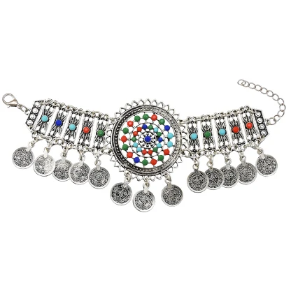 Ретро богемное ожерелье с монетами и бусинами, висячие серьги, браслет, цепочка на голову, головной убор, племенная Этническая Цыганская индийская джумка, ювелирный набор - Окраска металла: Silver Bracelet