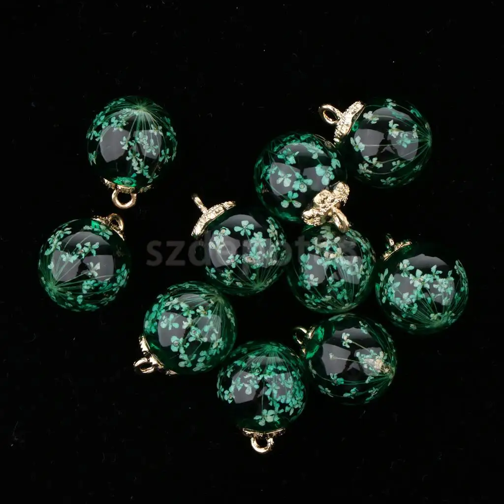 10pcs Dried Flower Glass Ball Pendant with Flower Cap DIY Earring Dangle Craft Findings Loose Beads