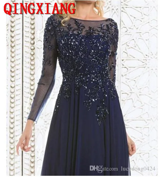 

2019 Elegant Navy Blue Mother of The Bride Dresses Chiffon See-Through Long Sleeve Sheer Neck Appliques Sequins Evening Gown