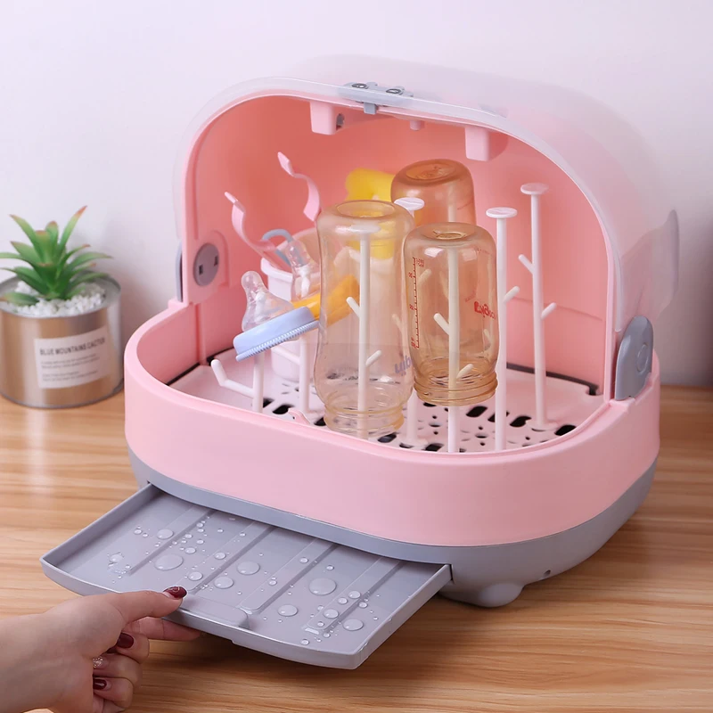 Sunsang Estante de secado para botellas de beb/é con cubierta antipolvo y caja de almacenamiento para botellas de lactancia con abrazadera rosa rosa