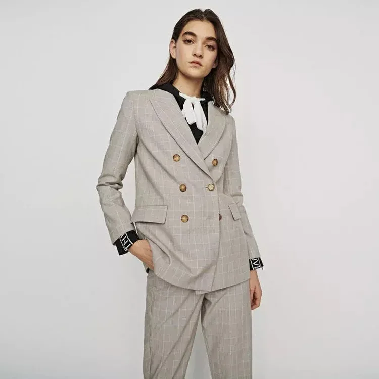 

Women Coat 2019 Early Spring Coat Tartan Suit Women Casual Khaki Blazers