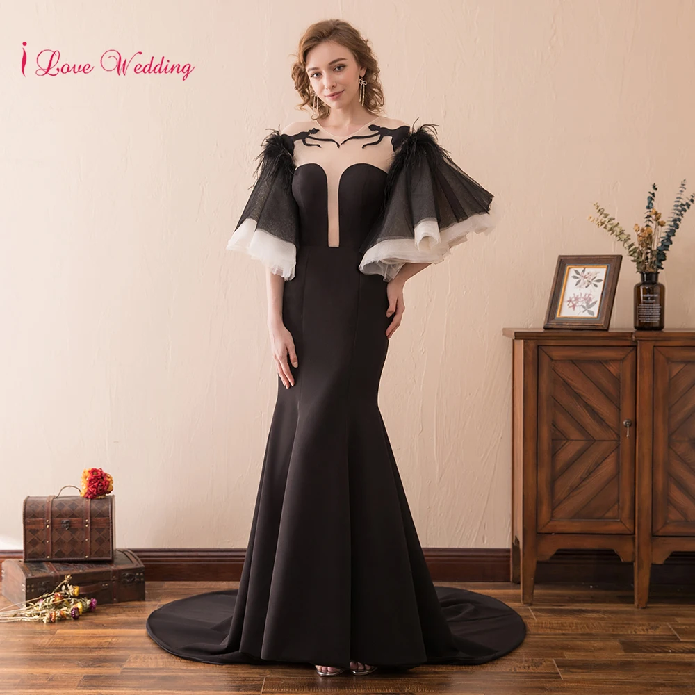 Sexy Open Back Womens Black Evening Gown Half Speaker Sleeve Mermaid