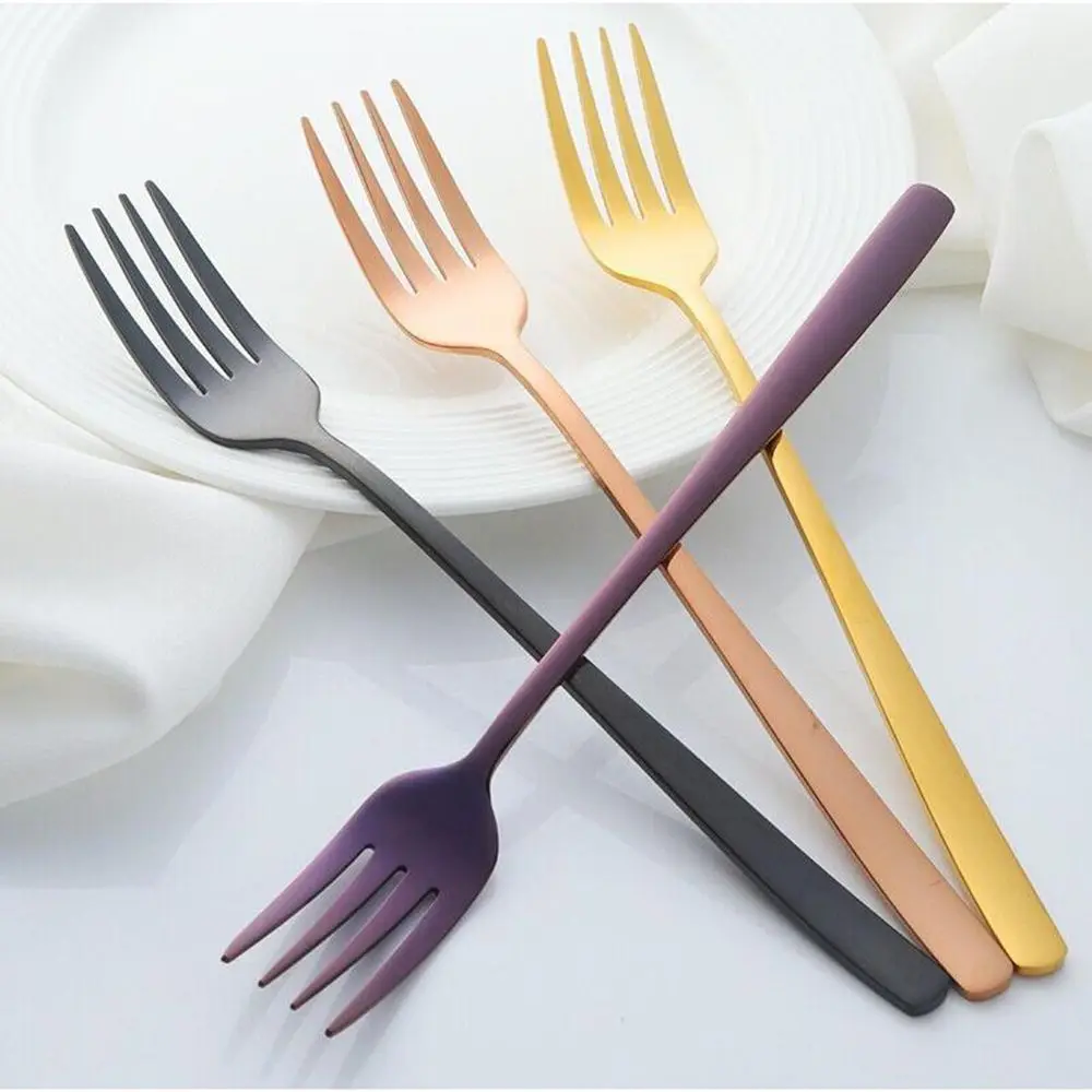 

Stainless Steel Dinner Fork Korea Rainbow Cake Fruit Fork Long Handle Tableware Gold Dessert Fork for Hotel Kitchen Tool