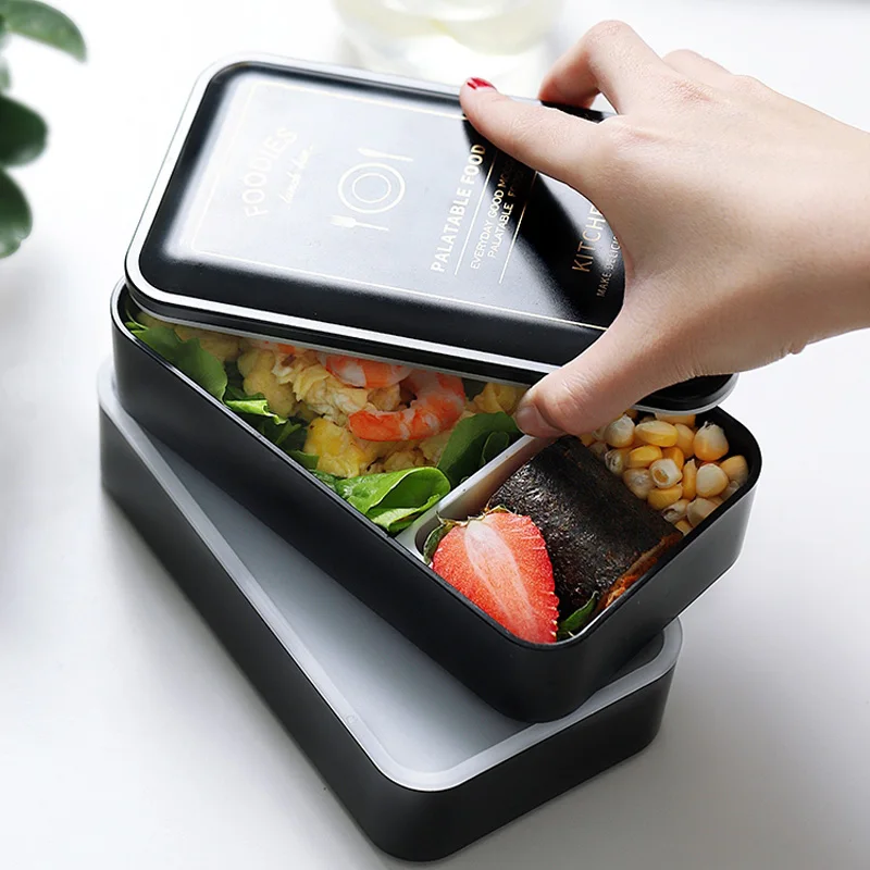 

Lunch Box 1200ml Black Food Container Double Layer Japan Bento Box Storage Portable School Picnic Set Lunchbox Spoon Chopsticks