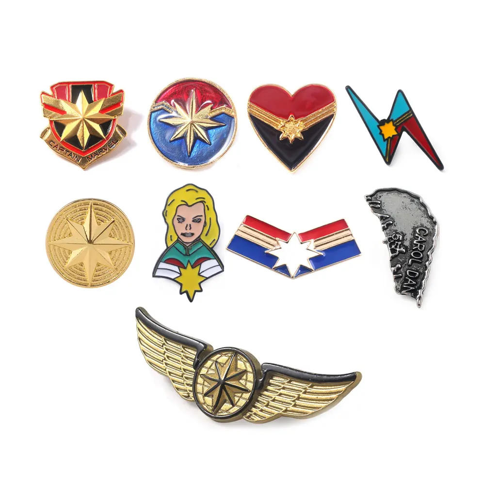 

9 Styles Avengers 4 Captain Marvel Pins Brooches Carol Danvers Name Badge Pin Brooch for Women Men Coat Bag Hat Jewelry