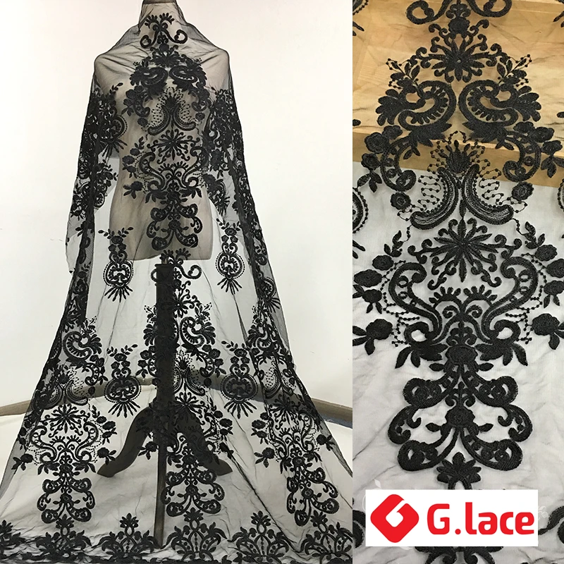 

GLace 1Y/lot Black white embroidery lace fabric retro pattern mesh fabric DIY handmade clothing dress wedding veil cloth TX160
