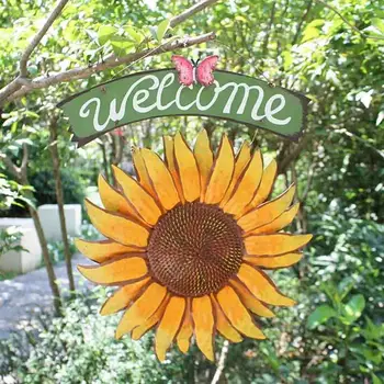 

Home Garden Wooden Sunflower Welcome Sign Decorative Vintage Metal Wall Hanging Courtyard Decor Welcome Wooden Hanging Ornament