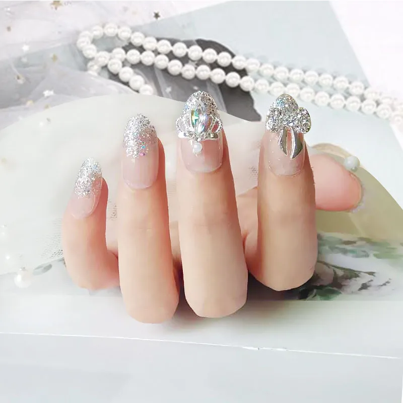 

24pcs Transparent Shiny Sequins Long Round Fake Nail Patches Glitter Diamante Crown Bowknot Shape Artificial Nails With Glue