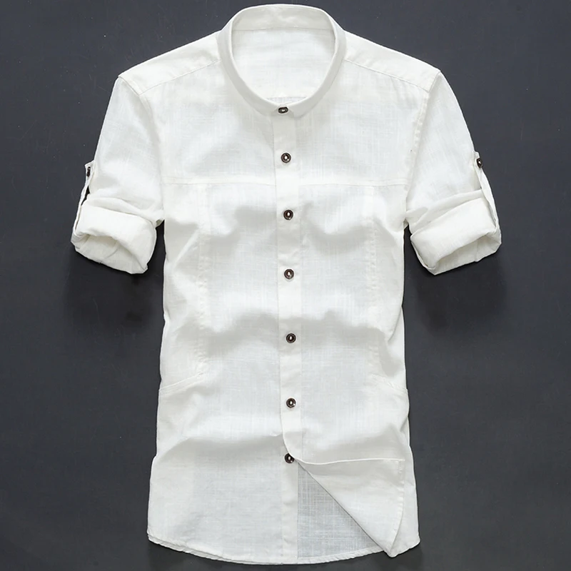 New 2015 High Quality Men Shirt Solid Color Linen Half Sleeve Slim Fit