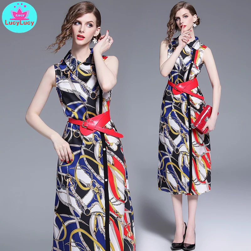 

2019 summer European and American vest waist set in the long section of ladies temperament was thin printed dress with belt