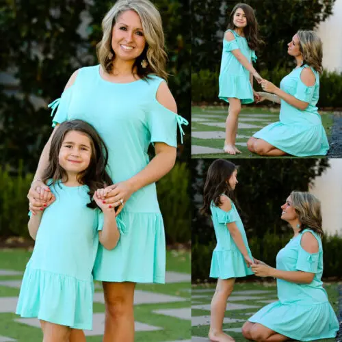

USA Family Match Women Kids Baby Girls Cold-Shoulder Summer Short Dress Sundress