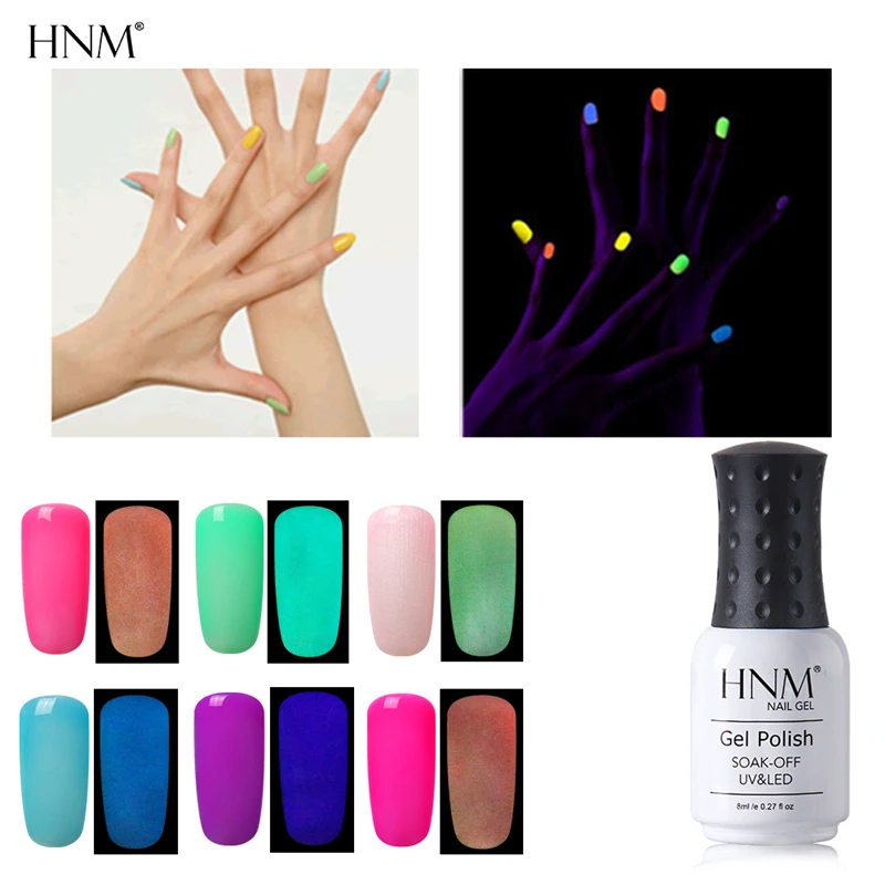 HNM 8ml Night Glow In Dark Nail Gel Polish Fluorescent Luminous Nail Polish Soak Off Lacquer 10