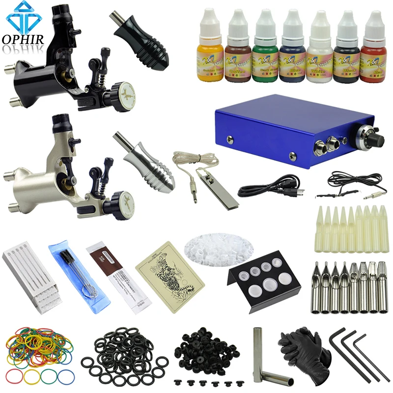 OPHIR Professional Complete Tattoo Kits 2 Rotary Tattoo Machine Guns