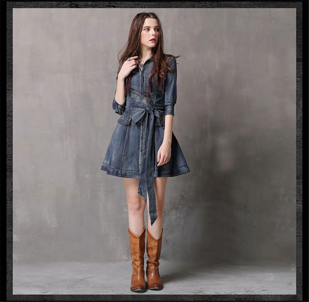 Vintage Summer Sashes Dress 2018 New Denim Three Quarter Sleeve  Dresses Turn-down Collar A-line Single Breasted Vestios (10)