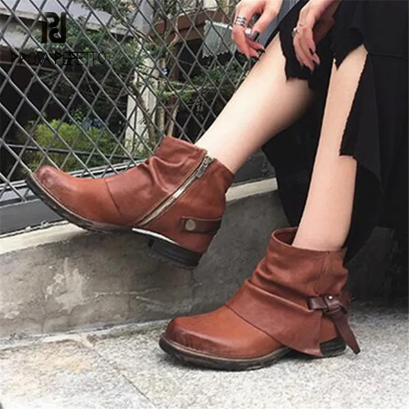 

Prova Perfetto Brown Ankle Boots for Women Straps Genuine Leather Rubber Short Botas Mujer Female Platform Riding Boots