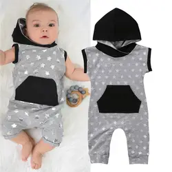 Для новорожденных девочек одежда для мальчиков с принтом со звездой комбинезон с капюшоном комбинезон без рукавов милые наряды одежда для