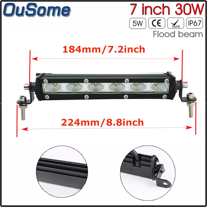 

30W 7 inch single row mini LED light bar slim offroad flood beam spot beam 4x4 cat truck SUV ATV