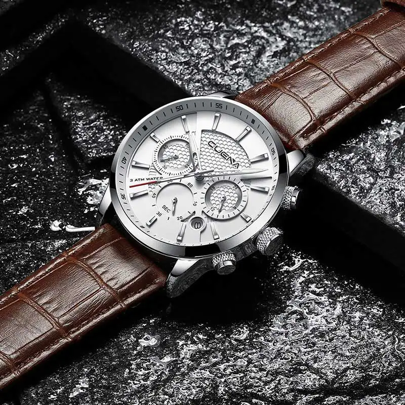 CUENA Men's Watches Stopwatch Date Luminous Hands Genuine Leather 30M Waterproof Clock Man Quartz Watches Men Fashion Watch 2018