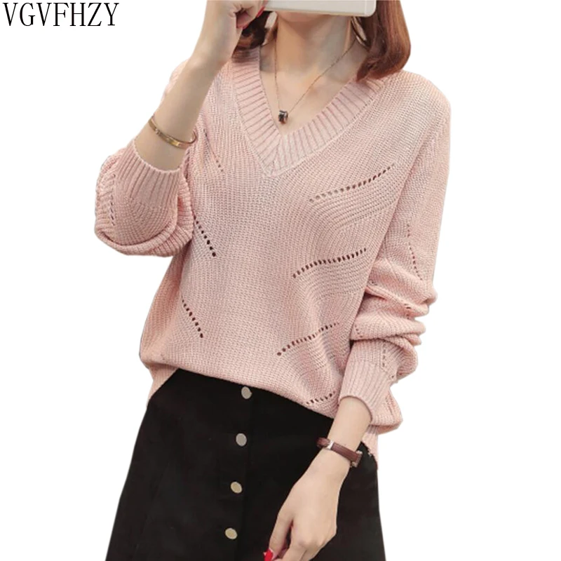 Women sweaters and pullovers 2018 Autumn winter Korean hollow sweaters womens loose knitted sweater female v-neck pullover tops