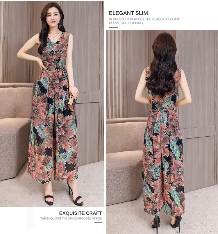 Summer Chiffon Jumpsuit Women Floral Print V Neck Jumpsuits Rompers Elegant Lady Sleeveless Wide Leg Pants Playsuits Overalls
